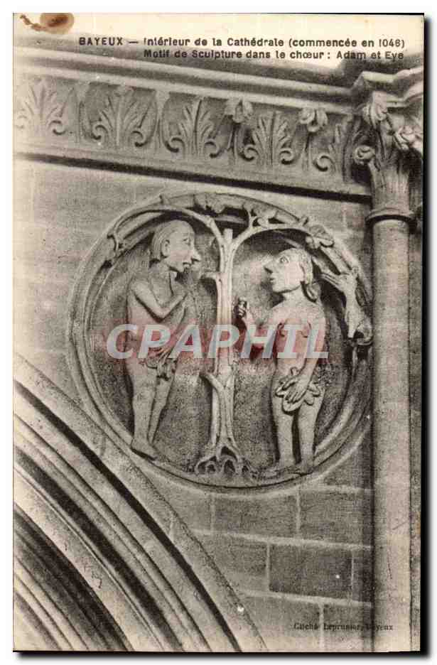 Bayeux — Intérieur de la Cathédrale (commencée en 1048) — Motif de Sculpture dans le chœur : Adam et Ève — Cliché Laprunier, Bayeux