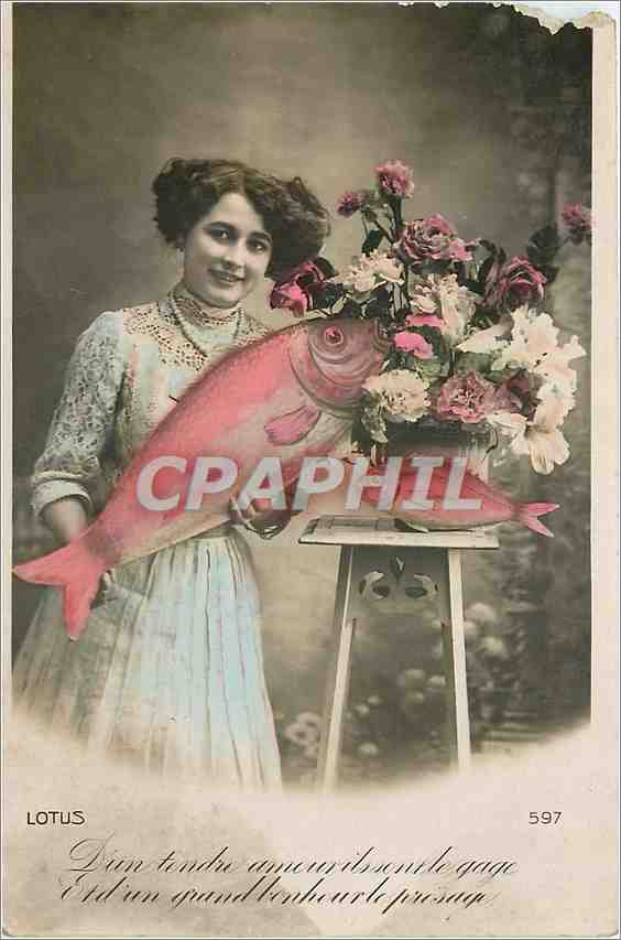 CPA Lotus Femme Poisson