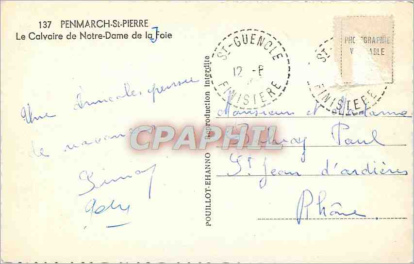 CPM Penmarch St Pierre Le Calvaire de Notre Dame de la Foie  — Rückseite