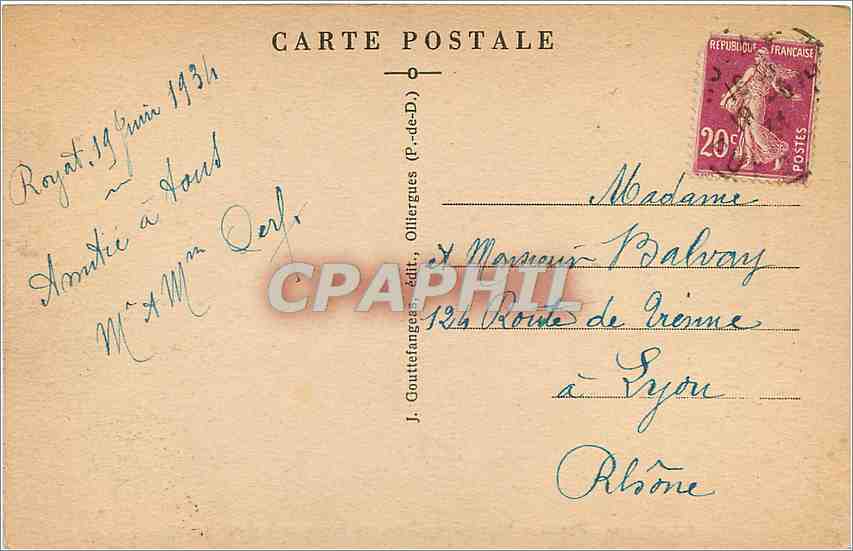 CPA Royat Place Allard Entree du Parc et du Boulevard Bazin  — Rückseite