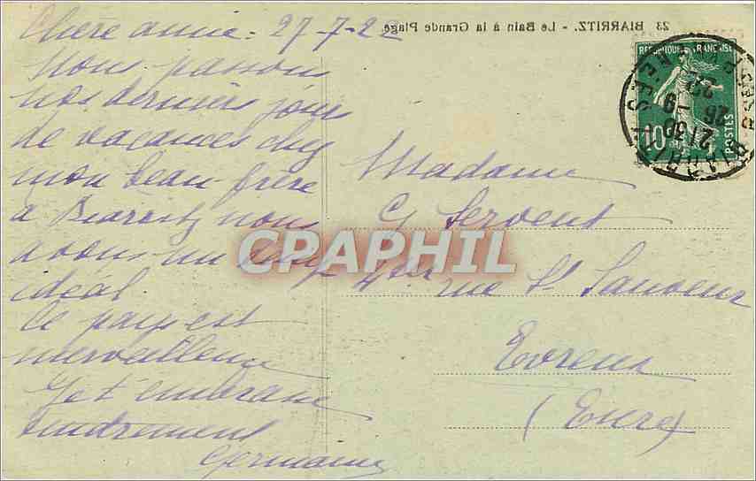 CPA Biarritz Le Bain a la Grande Plage  — Verso