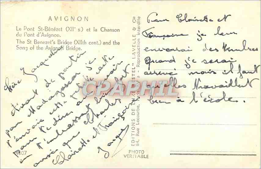 CPA Avignon Le Pont St Benezet et la Chanson du Pont d'Avignon  — Rückseite