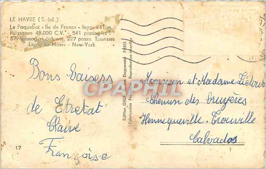 CPM Le Havre S Inf Le Paquebot Ile de France Bateau — Rückseite
