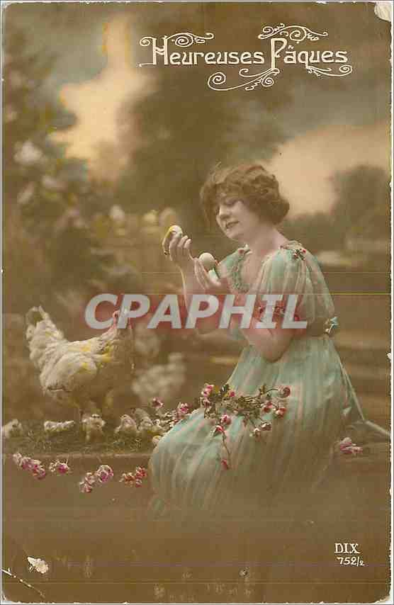 CPA Heureuses Paques Femme Poule