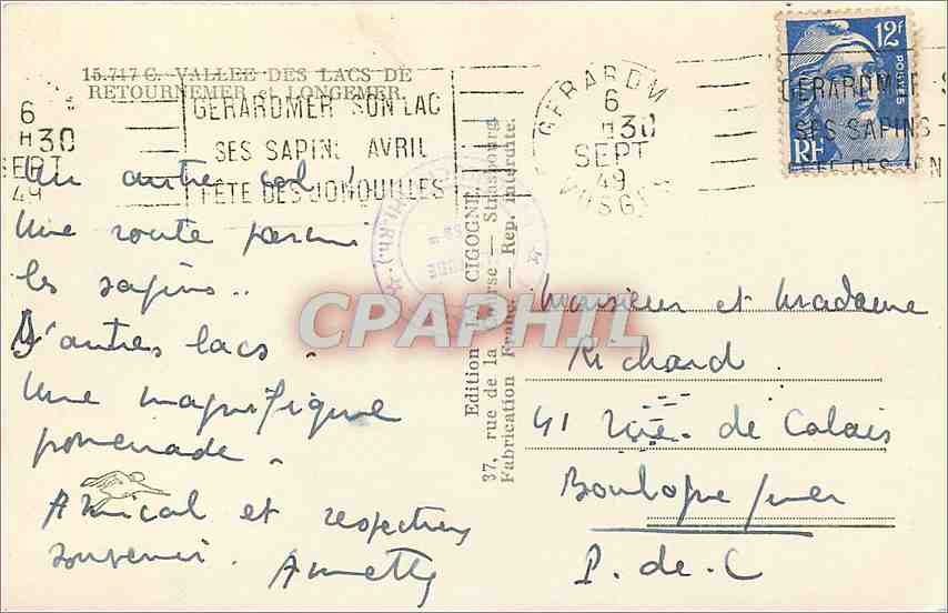 CPA Vallee des Lacs de Retournemer et Longemer  — Rückseite