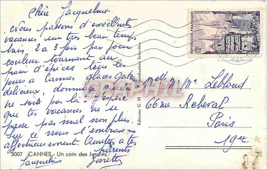 CPM Cannes Un coin des Jardins  — Rückseite