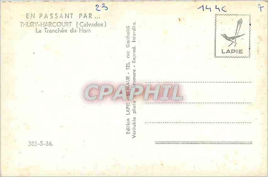 CPA Thury Harcourt Calvados La Tranchee du Hom  — Rückseite