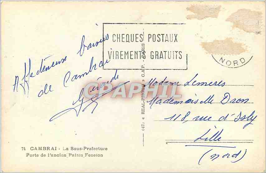 CPA Cambrai La Sous Prefecture Porte de l'Ancien Palais Feneion  — Rückseite