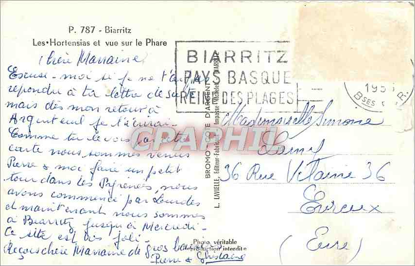 CPA Biarritz Les Hortensias et vue sur le Phare  — Verso