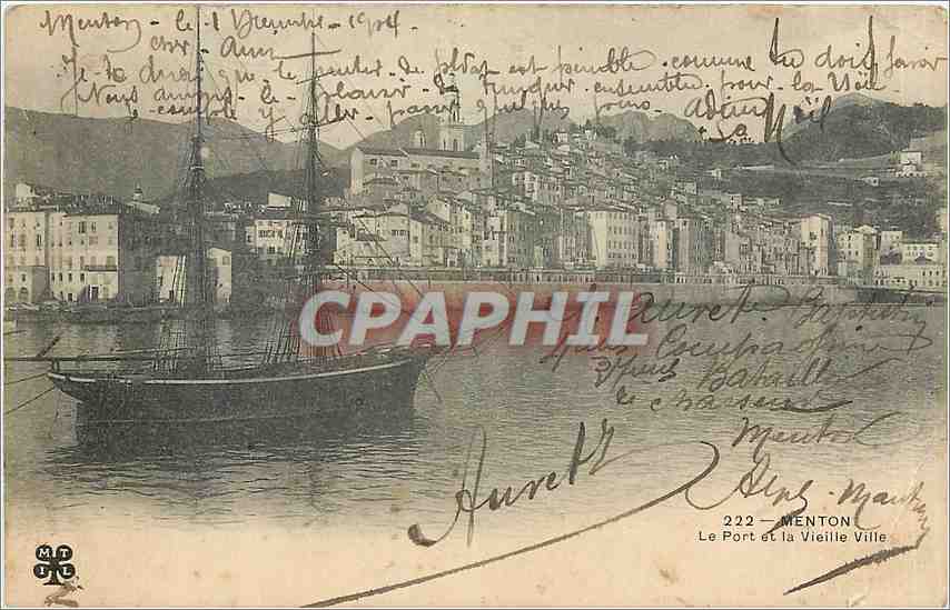 CPA Menton Le Port et la Vieille Ville Bateau Voilier