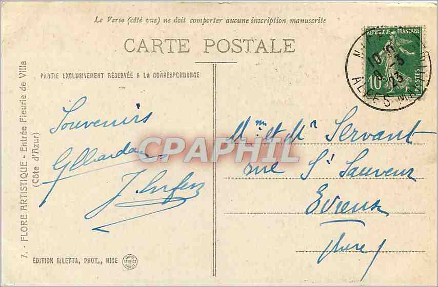 CPA Florique Artistique Entree Fleurie de Villa Cote d'Azur  — Verso