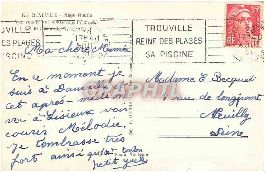 CPA Deauville Plage Flaurie Vue vers le Normandy et le Casino  — Verso