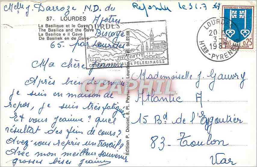 CPA Lourdes La Basilique et le Gave  — Verso