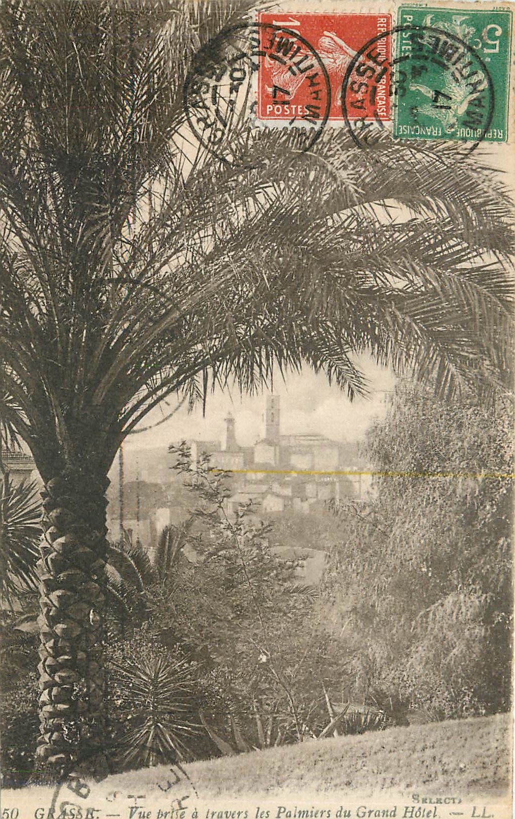 CPA Grasse Vue prise a travers les Palmiers du Grand Hotel 