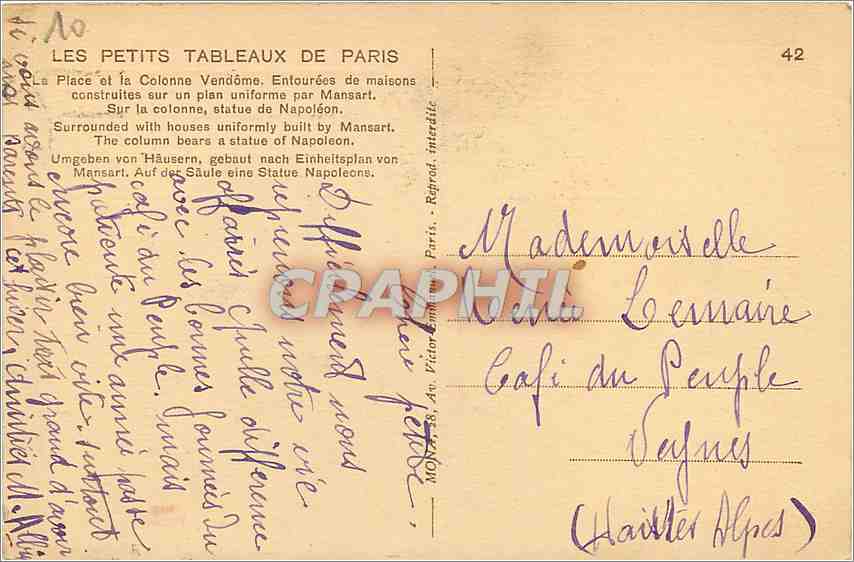 CPA Paris La Place et la Colonne Vendome  — Rückseite