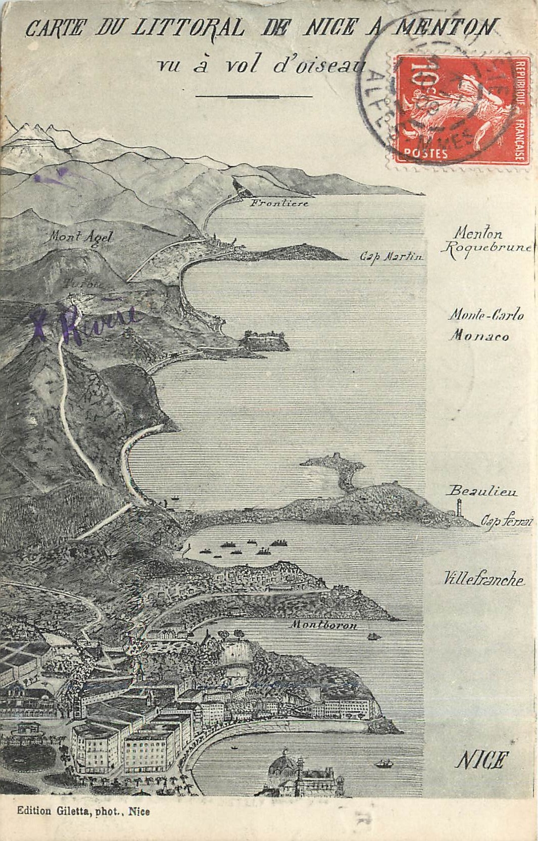 CPA Carte du Littoral de Nice a Menton vu a vol d'oiseau 