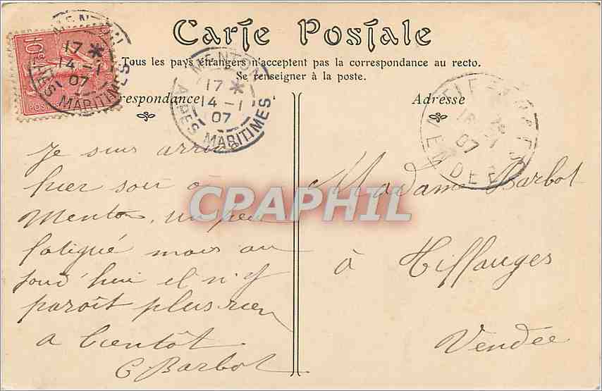 CPA Menton Vue generale prise du Pont Saint Louis  — Rückseite
