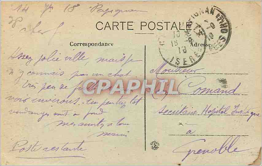 CPA Perpignan Place de la Victoire et Castillet Tramway — Rückseite
