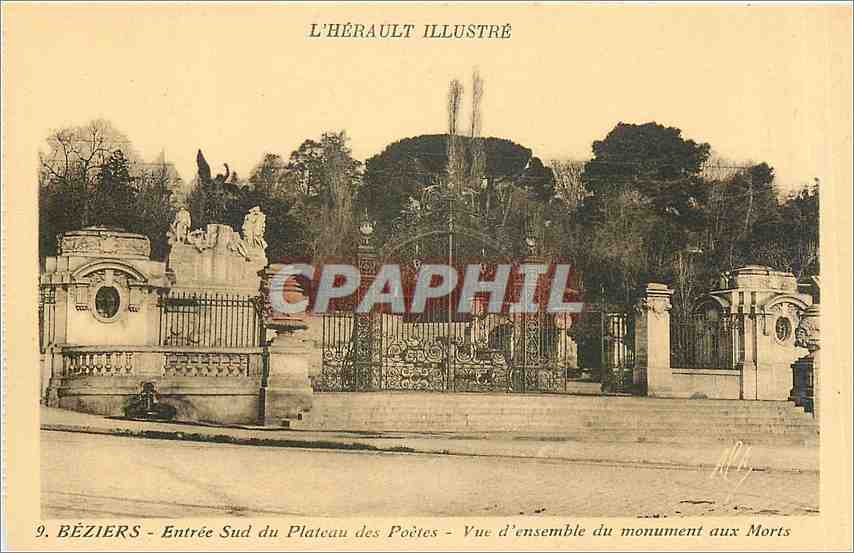 CPA L'Herault Illustre Beziers Entree Sud du Plateau des Poetes Vue d'Ensemble du Monument aux Morts