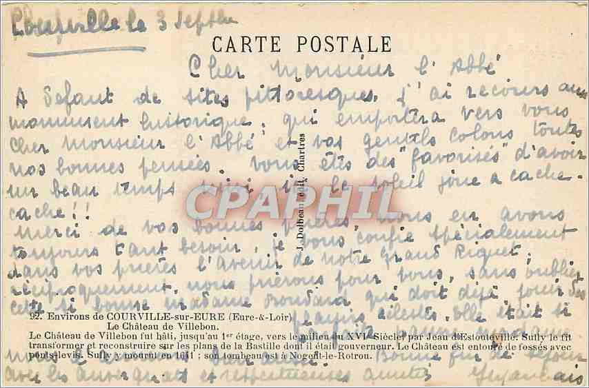 CPA Environs de Courville sur Eure Le Chateau de Villebon  — Back