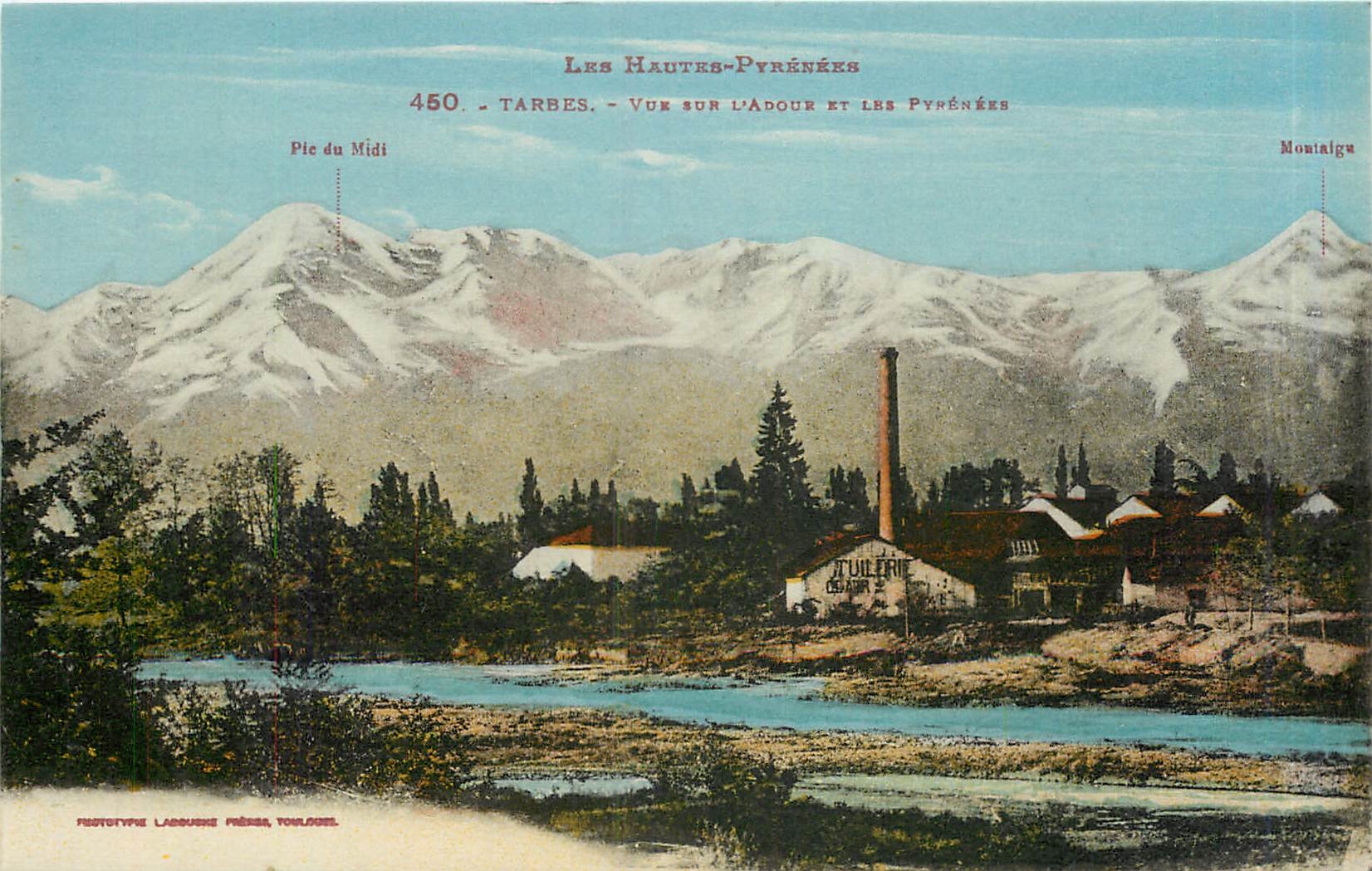 Vue sur l'Adour et les Pyrénées — Tarbes — Pie du Midi et Montaigu — Éditeur : L'Abusque, Toulouse
