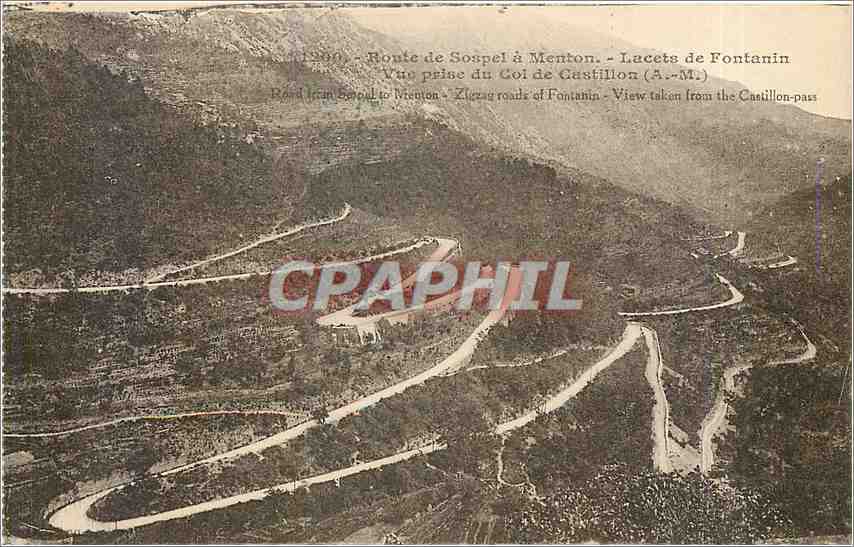CPA Route de Sospel a Menton Lacets de Fontanin Vue prise du Col de Castillon 