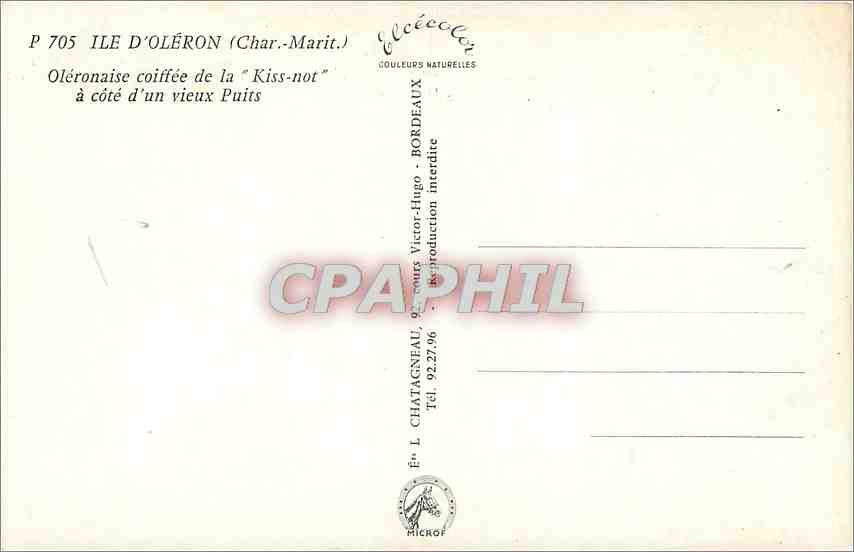 CPM Ile d'Oleron Char Marit Oleronaise coiffee de la Kiss not a cote d'un vieux Puits  — Rückseite