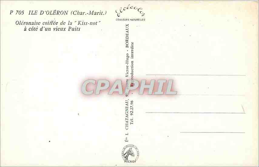 CPM Ile d'Oleron Char Marit Oleronaise Coiffee de la Kiss not a cote d'un vieux Puits  — Rückseite