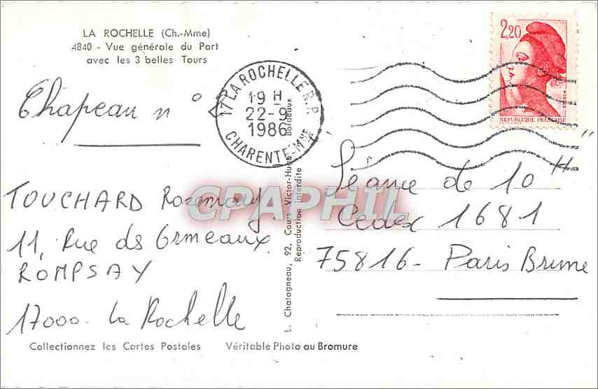 CPA La Rochelle Ch Mme Vue generale du Port avec les 3 belles Tours  — Verso