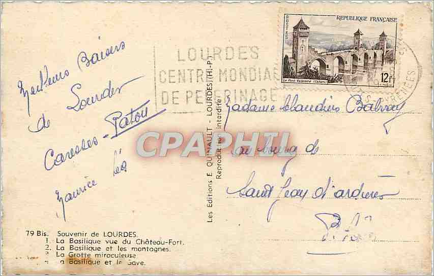 CPA Souvenir de Lourdes La Basilique vue du Chateau Fort  — Verso