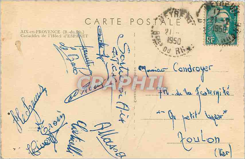 CPA Aix en Provence B du Rh Cariatides de l'Hotel d'Espanet  — Verso