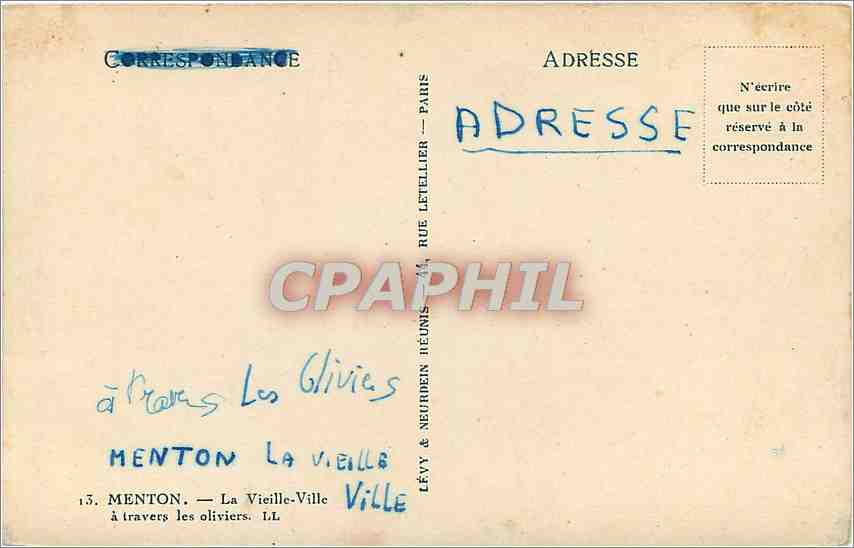 CPA Menton La Vieille Ville a travers les oliviers  — Rückseite