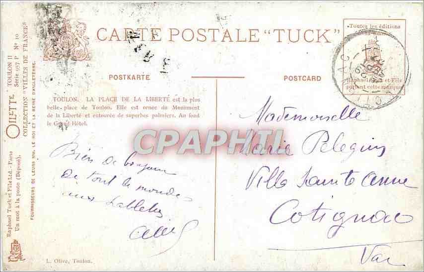 CPA Toulon Place de la Liberte Le Grand Hotel  — Verso