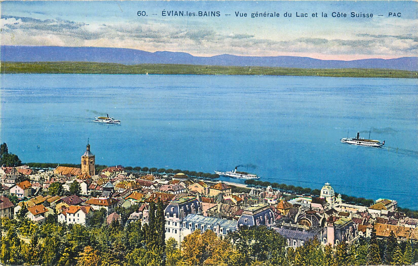 CPA Evian les Bains Vue generale du Lac et la Cote Suisse 