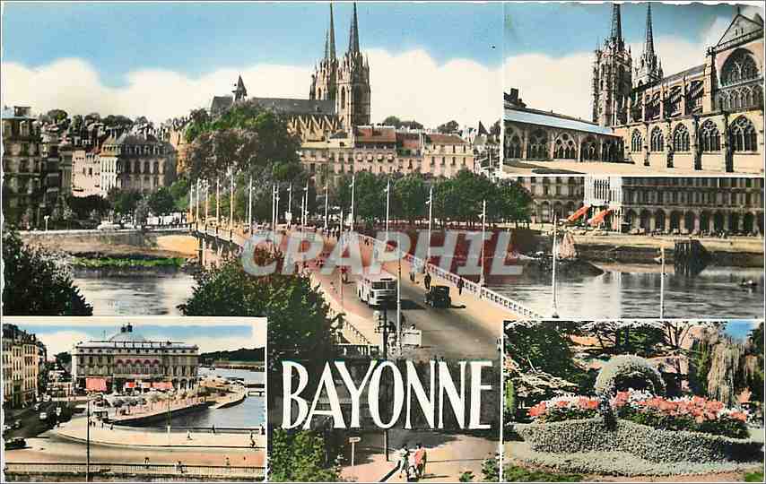 Bayonne — Vue panoramique avec la cathédrale, le pont Saint-Esprit et le jardin public — Réal-Photo, n° 1170