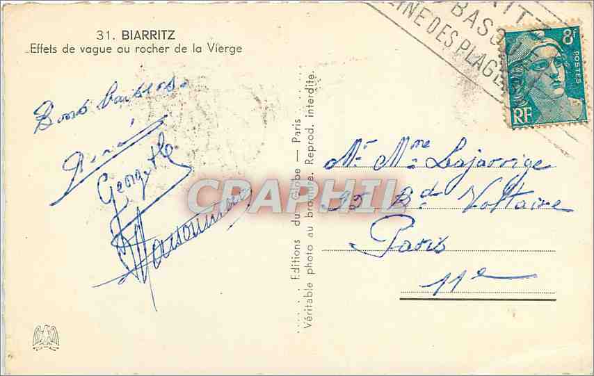 Biarritz — Effets de vague au rocher de la Vierge — Éditions du Globe, Paris, n°31 — Rückseite