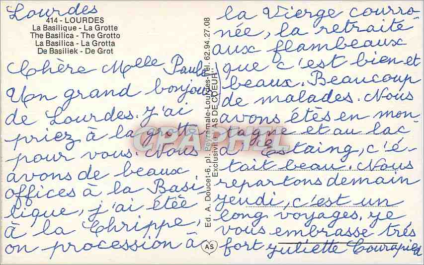 CPA Une pensee de Lourdes  — Verso