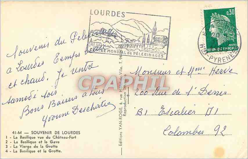 CPA Souvenir de Lourdes La Basilique vue du Chateau Fort  — Verso