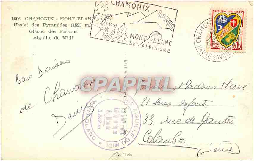 CPA Chamonix Mont Blanc Chalet des Pyramides Glacier des Bossons Aiguille du Midi  — Verso