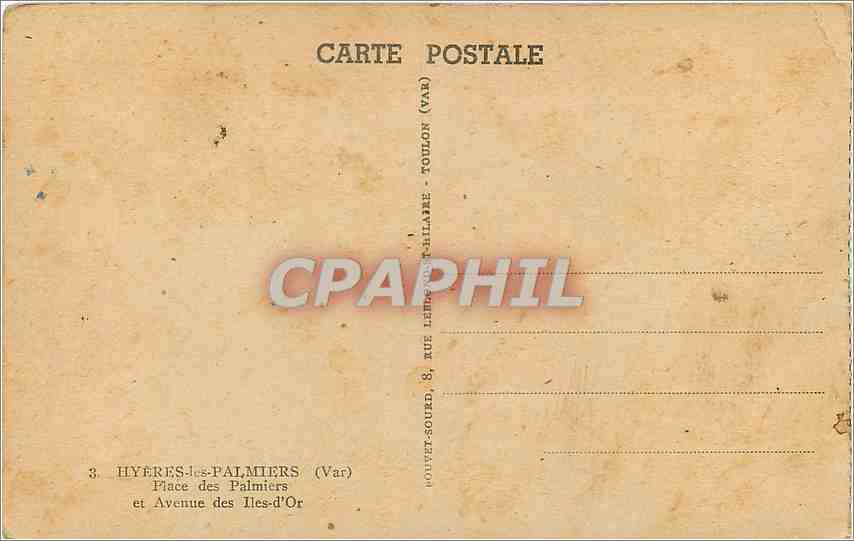Hyères-les-Palmiers — Place des Palmiers et Avenue des Îles-d'Or — éditeur Lempereur & Cie — Verso