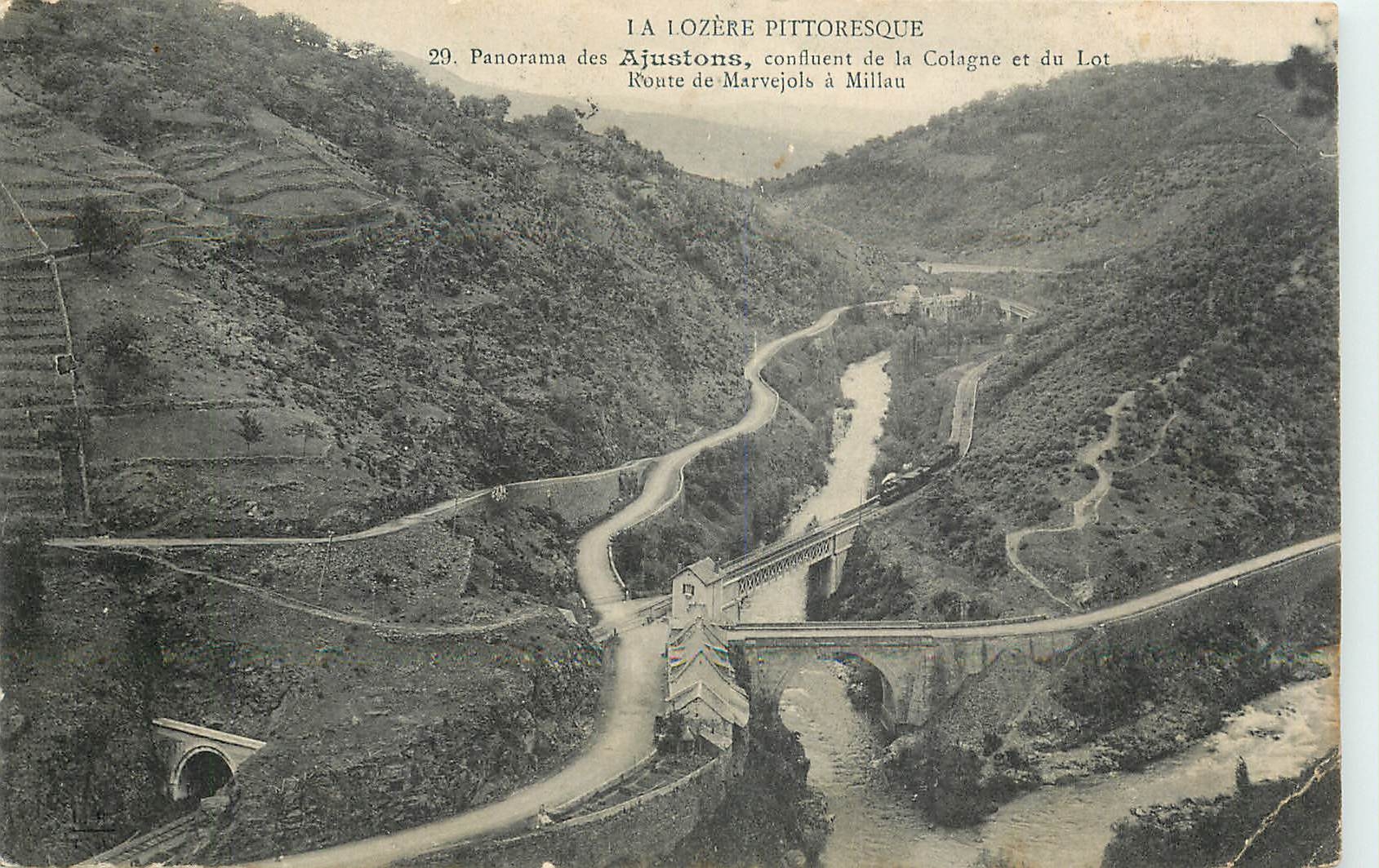 CPA Panorama des Ajustons confluent de la Colagne et du Lot Route de Marvejols a Millau 