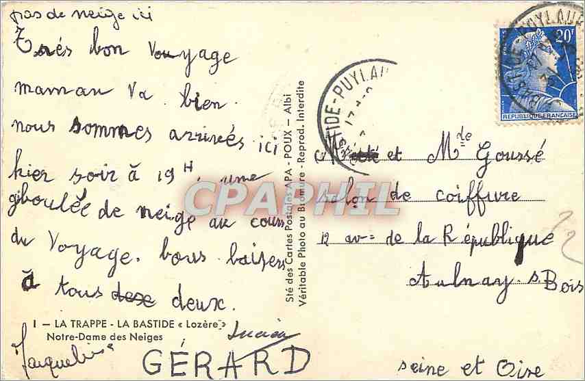 CPM La Trappe La Bastide Lozere Notre Dame des Neiges  — Rückseite