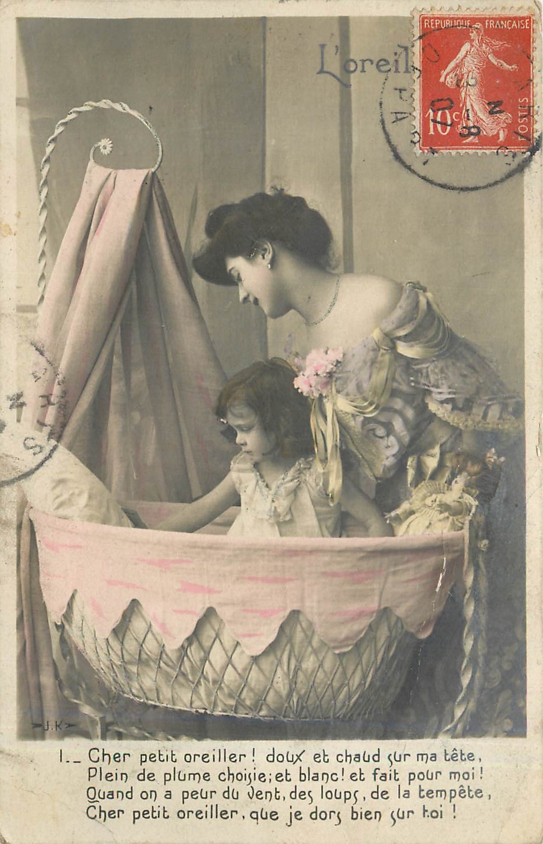 Mère et enfant dans un berceau — poème imprimé — éditeur J.K.