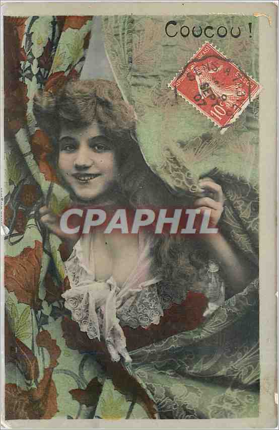 Smiling young girl behind curtains — Coocou! — unknown publisher