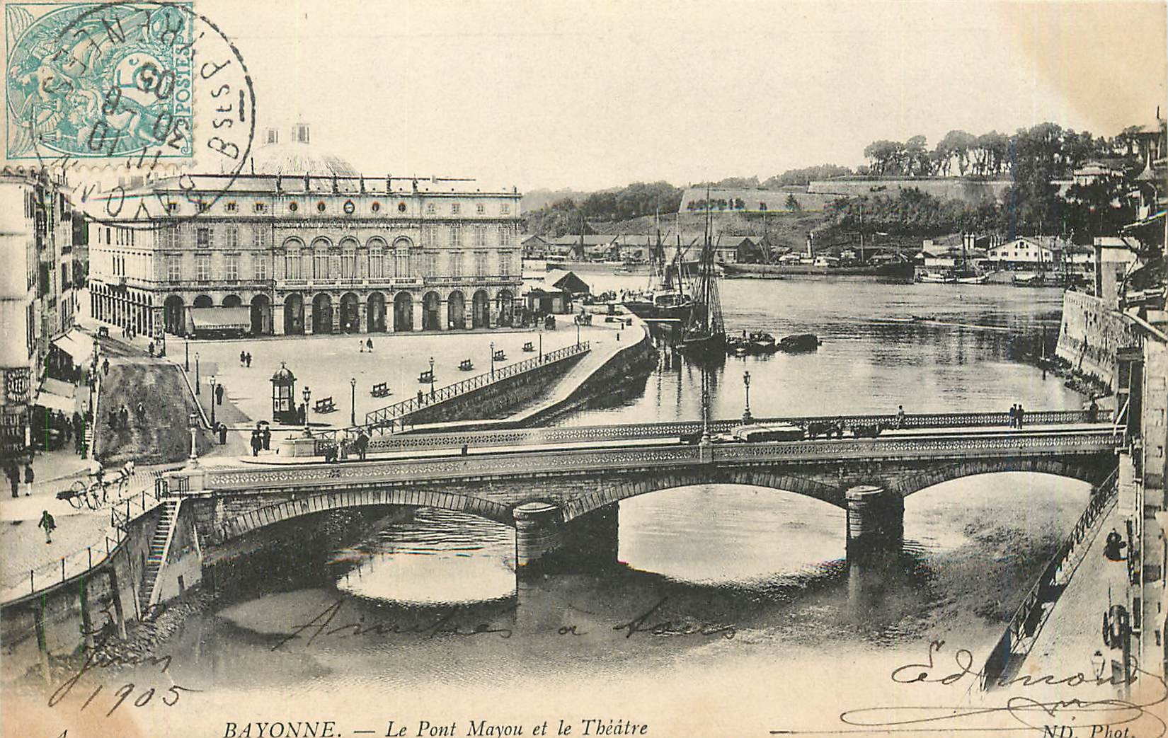 BAYONNE. — Le Pont Mayou et le Théâtre — Éd. ND. Phot. Edm. Nid.