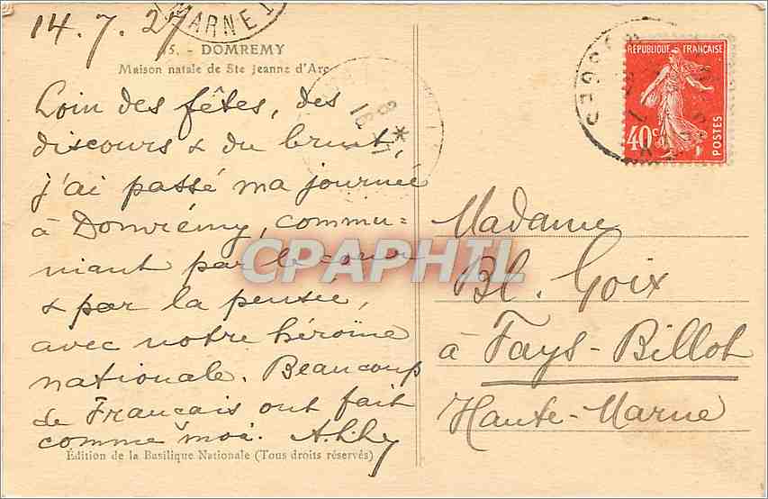 Maison natale de Sainte Jeanne d'Arc — Domrémy — Édition de la Basilique Nationale — Verso