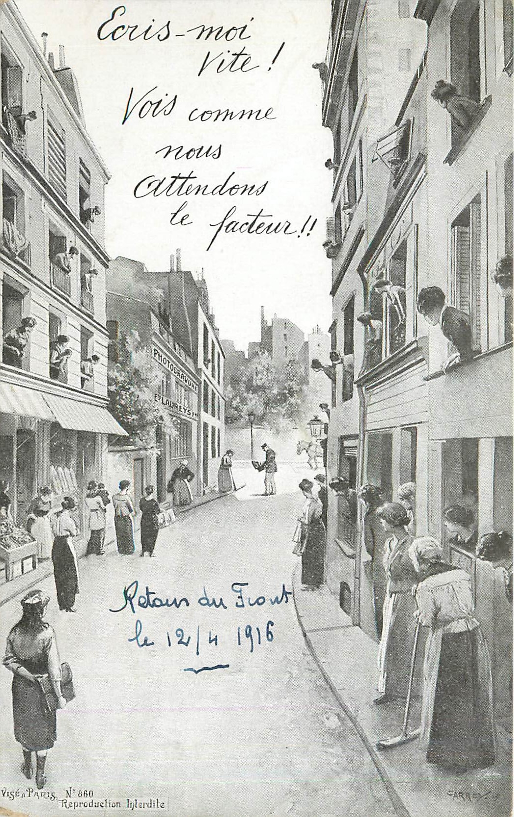 Femmes attendant le facteur — Rue animée — Visé à Paris N°660, Reproduction Ilyardile