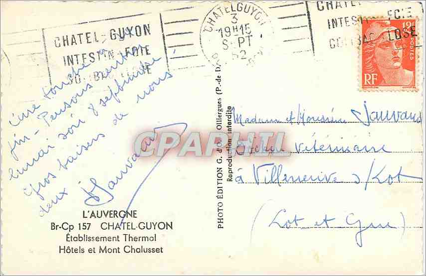 CPM L'Auvergne Chatel Guyon Etablissement Thermal Hotels et Mont Chalusset  — Rückseite