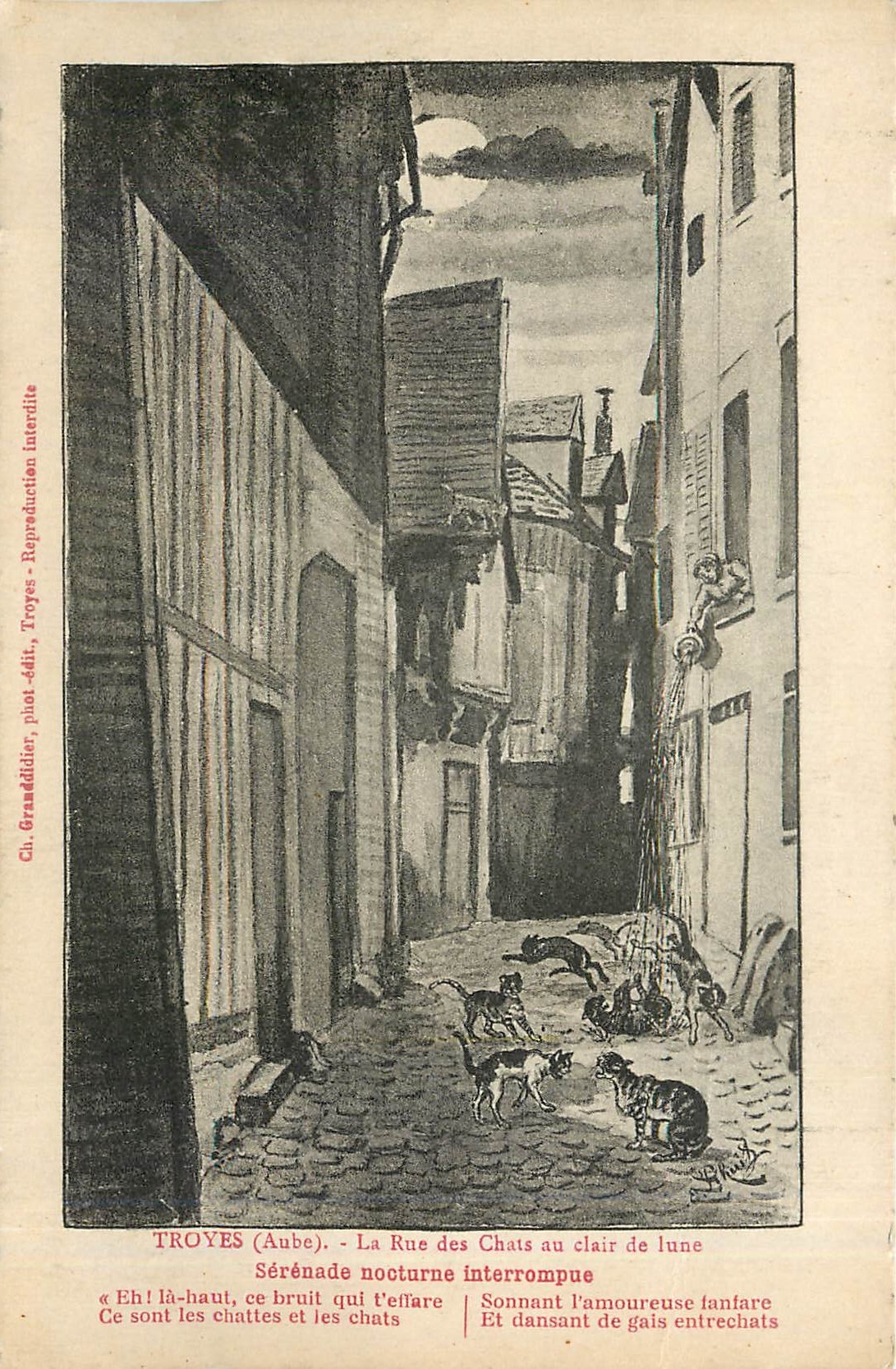 Troyes (Aube) - La Rue des Chats au clair de lune — Sérénade nocturne interrompue — Ch. Granddider, phot.-édit. Troyes