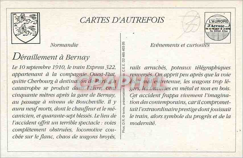 Abgleiten des Cherbourg-Express in der BERNAY-Station — 10. September 1910 — Ausgabe CARTES D'AUTREFOIS — Rückseite